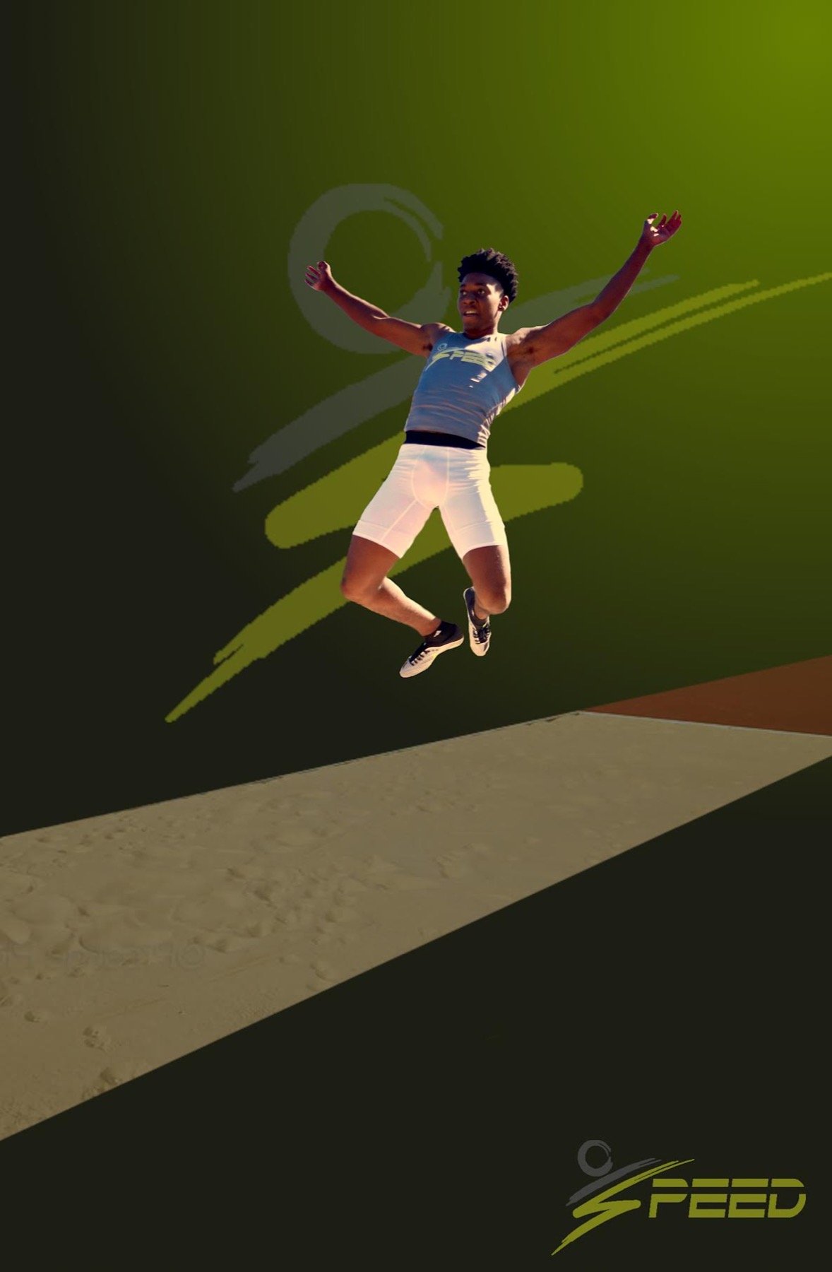 A Speed Elite athlete mid-flight over the long jump pit